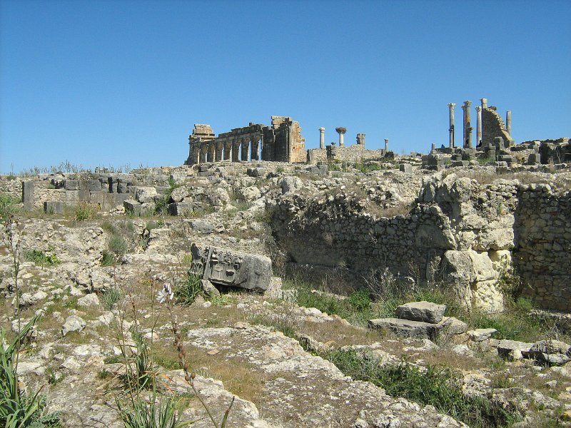 130312_volubilis overzicht.jpg - Na het verdwijnen van de Romeinen bleef de stad bestaan en lang was zelfs het latijn de meest gesproken taal. Pas in de 18e eeuw werd de stad verlaten en grote delen afgebroken om bouwmateriaal te leveren voor allerlei projecten in Meknes.